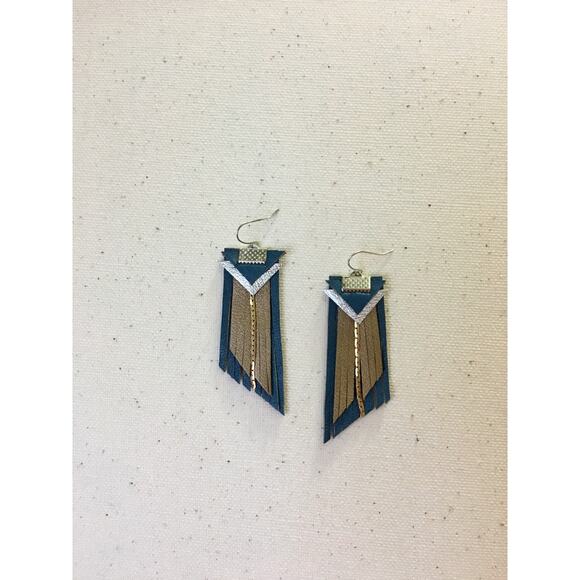 Western  Fringe Dark turquoise dark gold boho leather fringe statement earrings - Picture 5 of 10